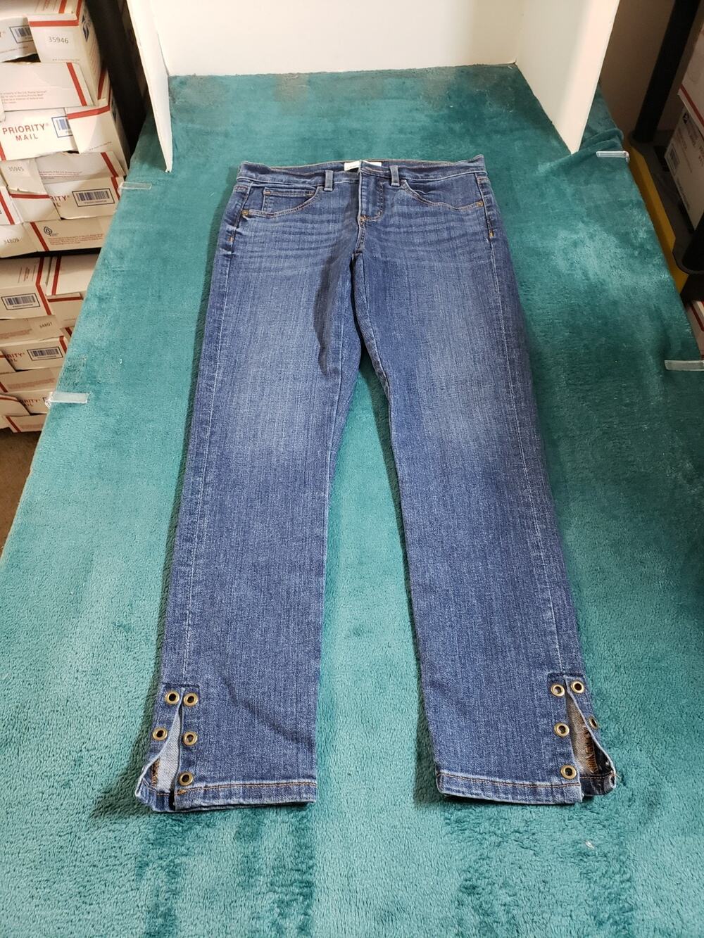 Loft Jeans Size 0 Womens Blue Stretch Pant Button Detail Mid Rise Skinny Cropped
